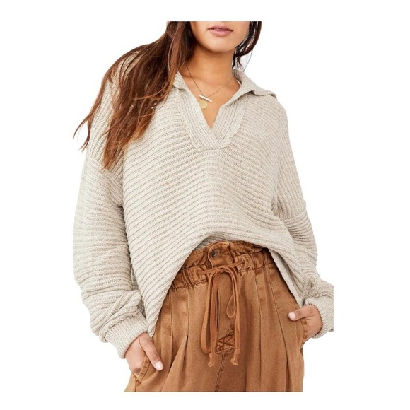 Free People Sweaters - Free People Women’s Marlie Pullover Sweater V Neck Collared Raw Hems Pebble S